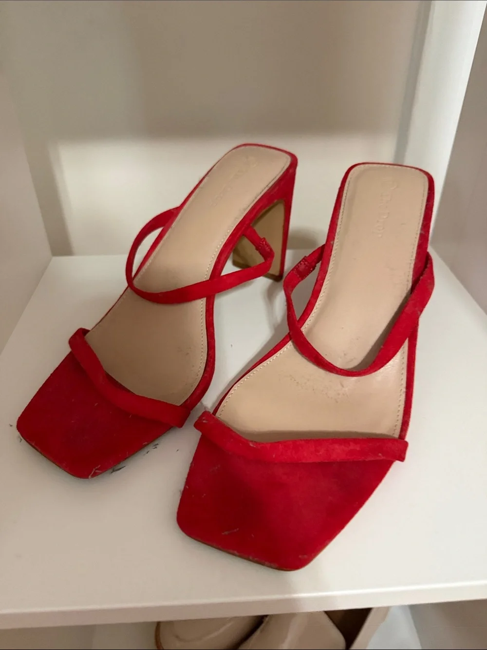Red Strappy Square-Toe Heels for Women